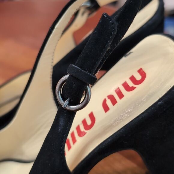 Miu Miu Black Peep Toe Sling Back Silk Bow Heels Sz 36 - Picture 6 of 16